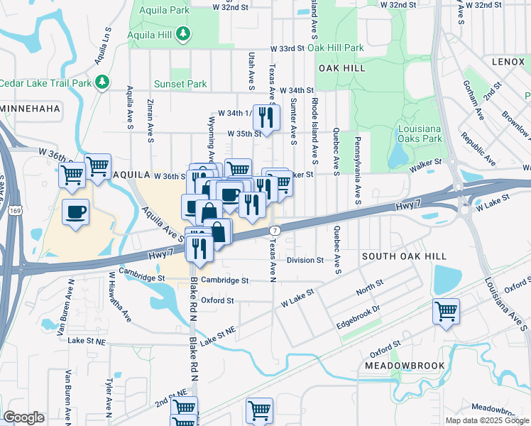map of restaurants, bars, coffee shops, grocery stores, and more near 8020 Minnesota 7 in St. Louis Park