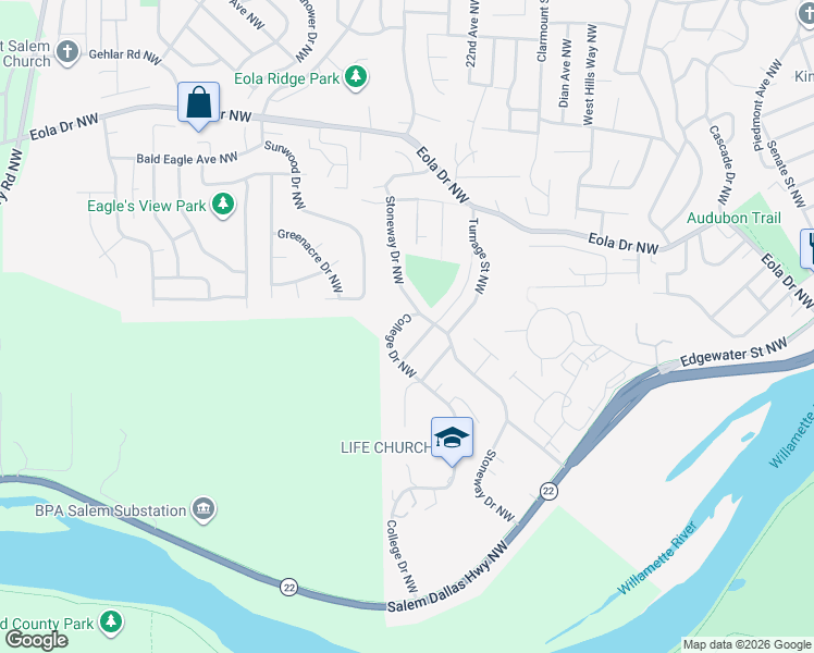 map of restaurants, bars, coffee shops, grocery stores, and more near 580 College Drive Northwest in Salem