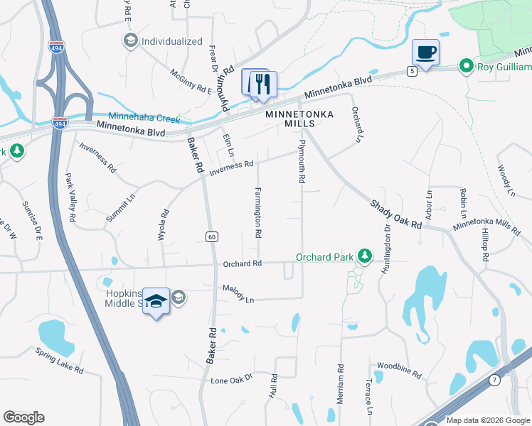 map of restaurants, bars, coffee shops, grocery stores, and more near 3701 Farmington Road in Hopkins
