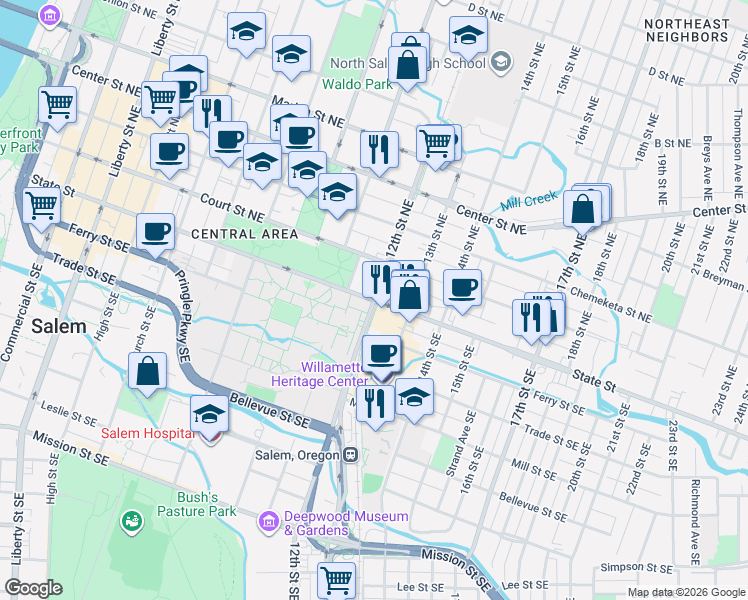 map of restaurants, bars, coffee shops, grocery stores, and more near 12th St NE in Salem