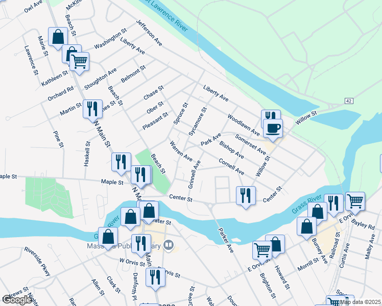 map of restaurants, bars, coffee shops, grocery stores, and more near 46 Park Ave in Massena
