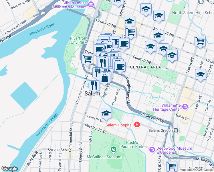 map of restaurants, bars, coffee shops, grocery stores, and more near 325 High Street Southeast in Salem