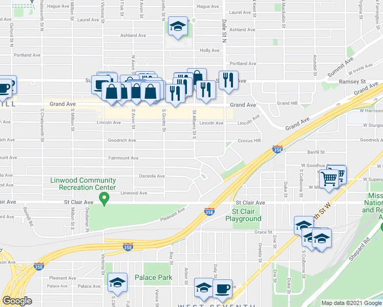 map of restaurants, bars, coffee shops, grocery stores, and more near 149 Saint Albans Street South in Saint Paul