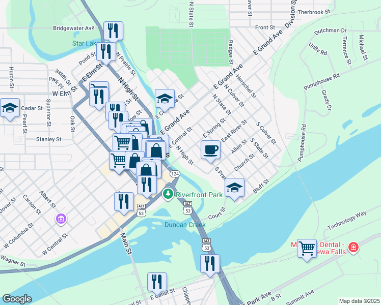 map of restaurants, bars, coffee shops, grocery stores, and more near 23 North High Street in Chippewa Falls