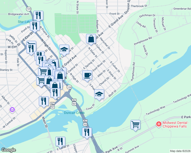 map of restaurants, bars, coffee shops, grocery stores, and more near 19 S Grove St in Chippewa Falls