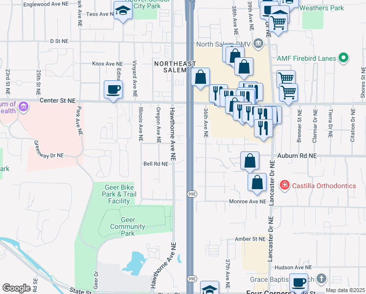 map of restaurants, bars, coffee shops, grocery stores, and more near 3490 Midway Avenue Northeast in Salem