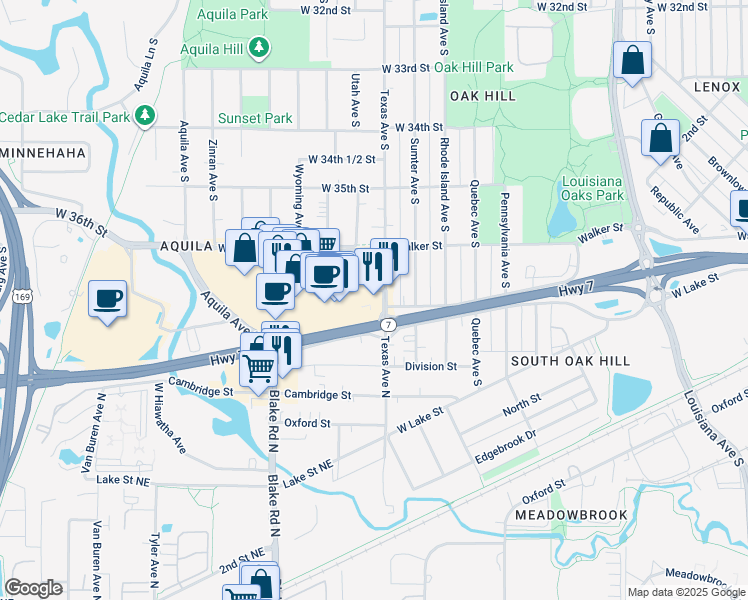 map of restaurants, bars, coffee shops, grocery stores, and more near 8020 Minnesota 7 in St. Louis Park