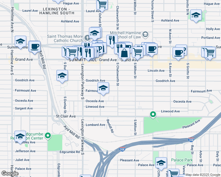map of restaurants, bars, coffee shops, grocery stores, and more near 1005 Fairmount Avenue in Saint Paul