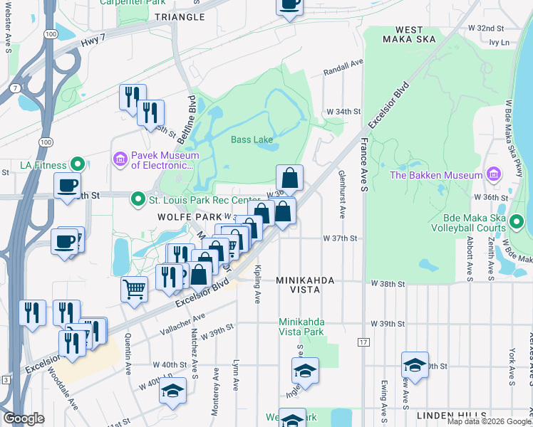 map of restaurants, bars, coffee shops, grocery stores, and more near 4300 West 36th 1/2 Street in Minneapolis