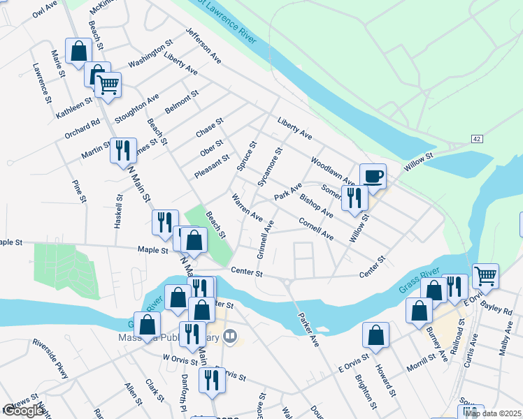 map of restaurants, bars, coffee shops, grocery stores, and more near 46 Park Avenue in Massena