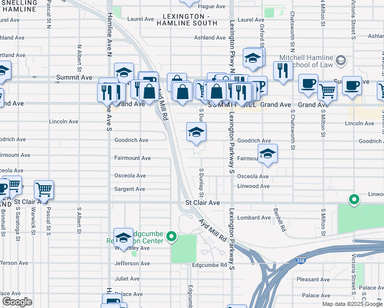 map of restaurants, bars, coffee shops, grocery stores, and more near 1177 Fairmount Avenue in Saint Paul