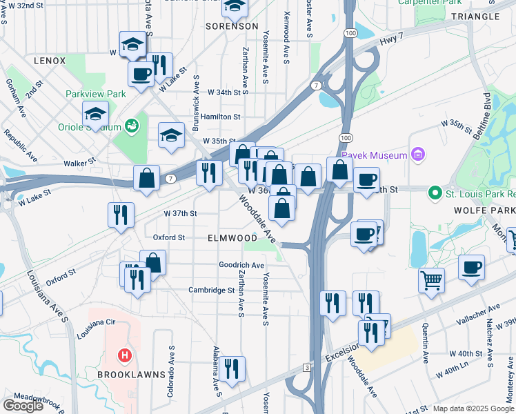 map of restaurants, bars, coffee shops, grocery stores, and more near 5810 West 37th Street in St. Louis Park