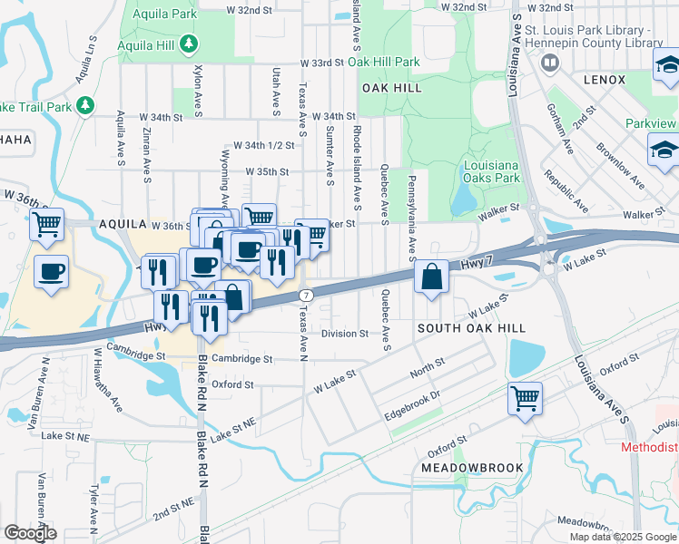 map of restaurants, bars, coffee shops, grocery stores, and more near 3647 Sumter Avenue South in Minneapolis