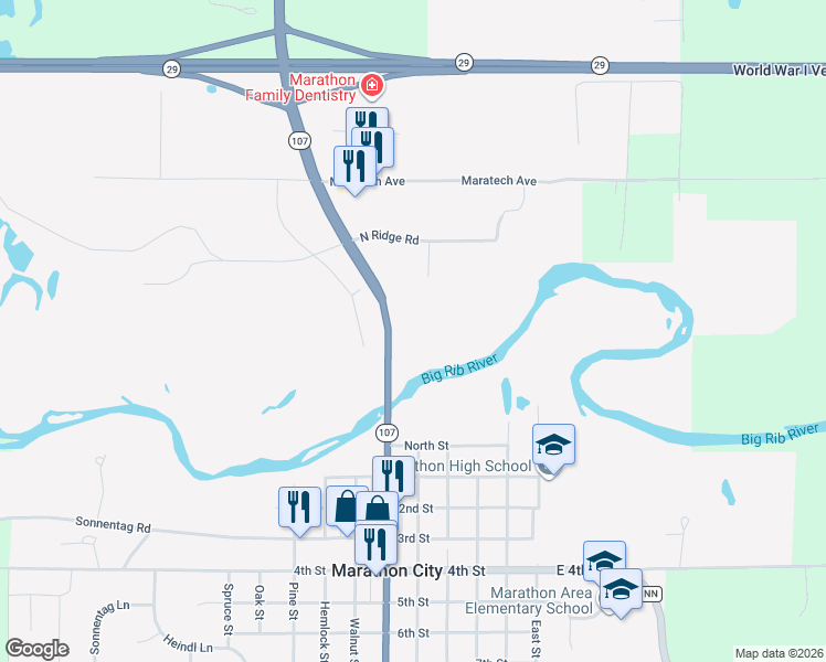 map of restaurants, bars, coffee shops, grocery stores, and more near 200 River Road in Marathon City
