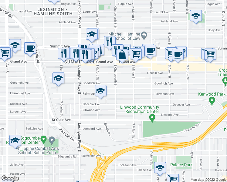 map of restaurants, bars, coffee shops, grocery stores, and more near 1005 Fairmount Avenue in Saint Paul