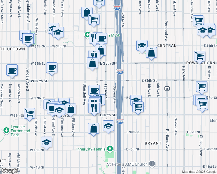 map of restaurants, bars, coffee shops, grocery stores, and more near 3625 1st Avenue South in Minneapolis