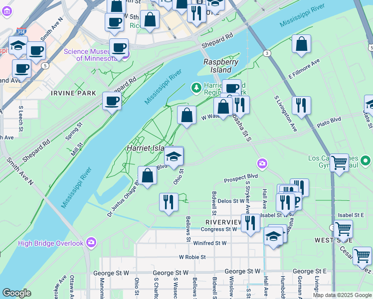 map of restaurants, bars, coffee shops, grocery stores, and more near 150 W Water St in St Paul