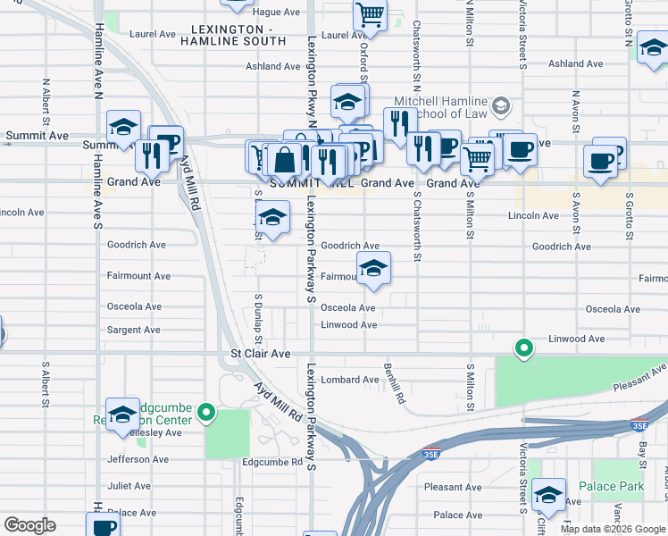 map of restaurants, bars, coffee shops, grocery stores, and more near 1077 Fairmount Avenue in Saint Paul