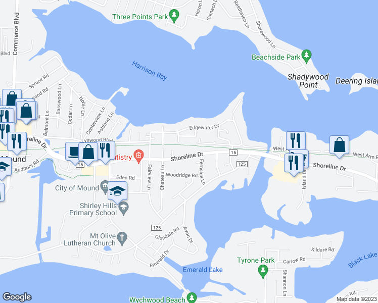 map of restaurants, bars, coffee shops, grocery stores, and more near 5028 Shoreline Drive in Mound