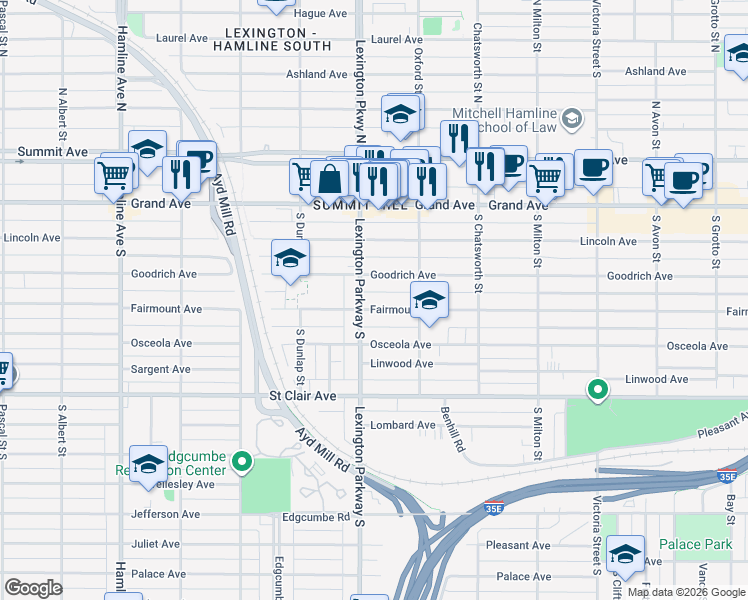 map of restaurants, bars, coffee shops, grocery stores, and more near 1077 Fairmount Avenue in Saint Paul
