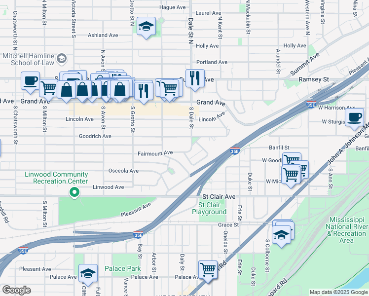 map of restaurants, bars, coffee shops, grocery stores, and more near 633 Fairmount Avenue in Saint Paul