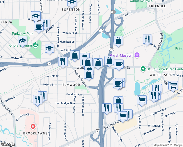map of restaurants, bars, coffee shops, grocery stores, and more near 3700 Highway 100 in St. Louis Park