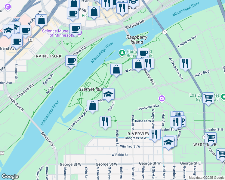 map of restaurants, bars, coffee shops, grocery stores, and more near 150 W Water St in St Paul