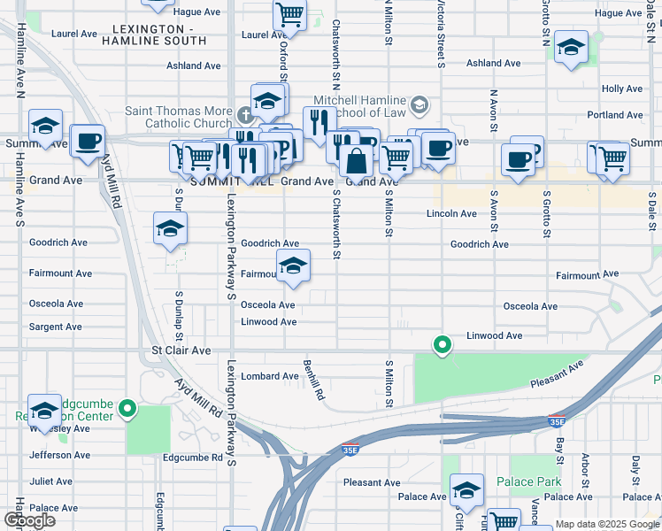 map of restaurants, bars, coffee shops, grocery stores, and more near 1005 Fairmount Avenue in Saint Paul