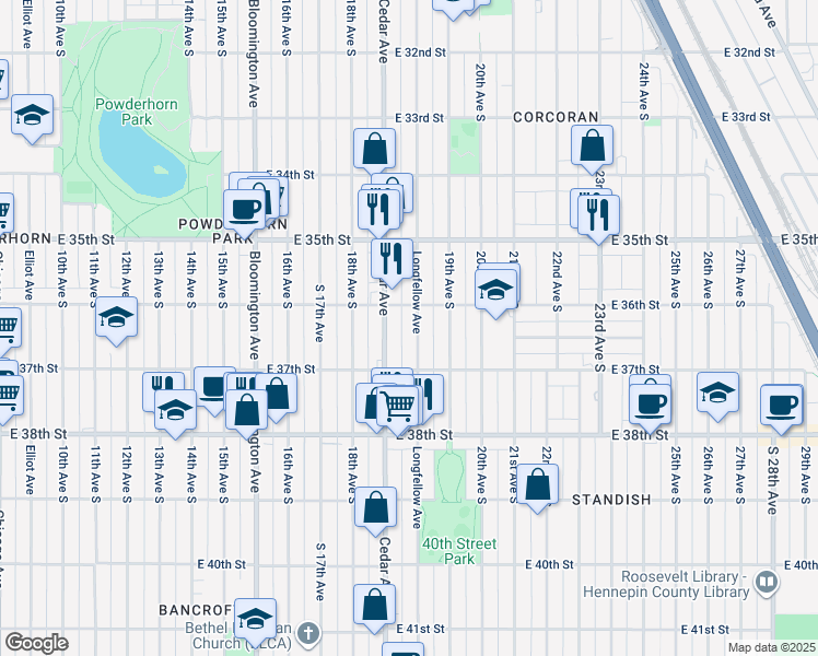 map of restaurants, bars, coffee shops, grocery stores, and more near 3622 Longfellow Avenue in Minneapolis