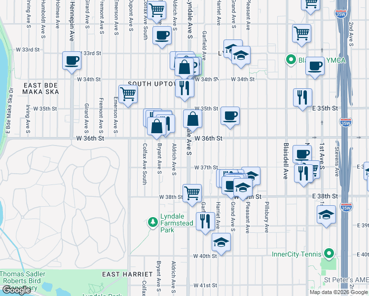 map of restaurants, bars, coffee shops, grocery stores, and more near 3619 Lyndale Avenue South in Minneapolis