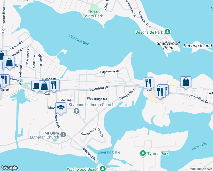 map of restaurants, bars, coffee shops, grocery stores, and more near 5028 Shoreline Drive in Mound