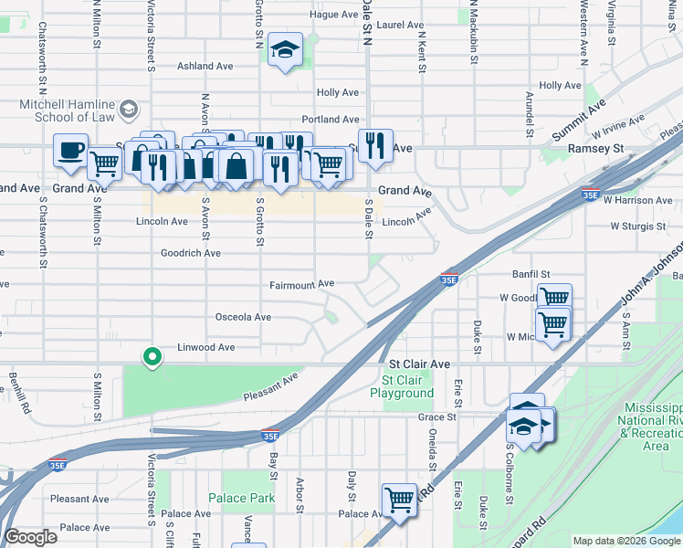 map of restaurants, bars, coffee shops, grocery stores, and more near 651 Fairmount Avenue in Saint Paul