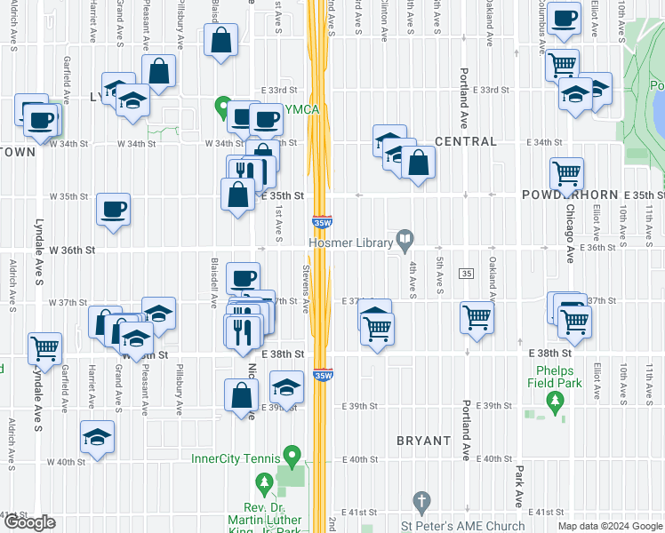 map of restaurants, bars, coffee shops, grocery stores, and more near 3636 2nd Avenue South in Minneapolis
