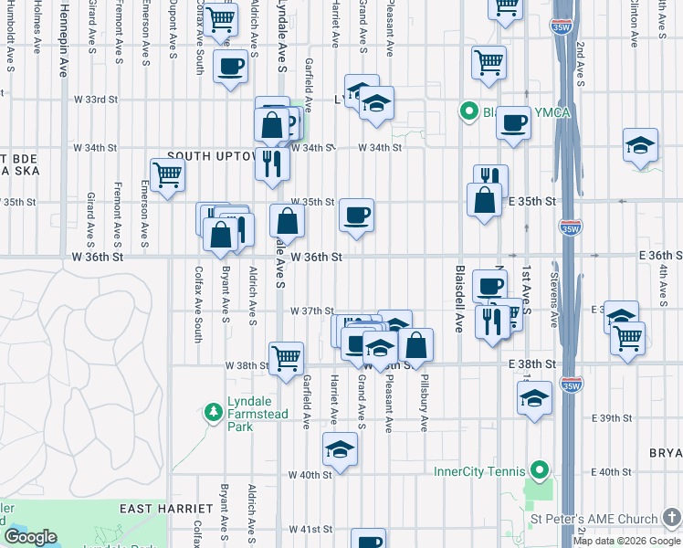 map of restaurants, bars, coffee shops, grocery stores, and more near 3622 Grand Avenue South in Minneapolis
