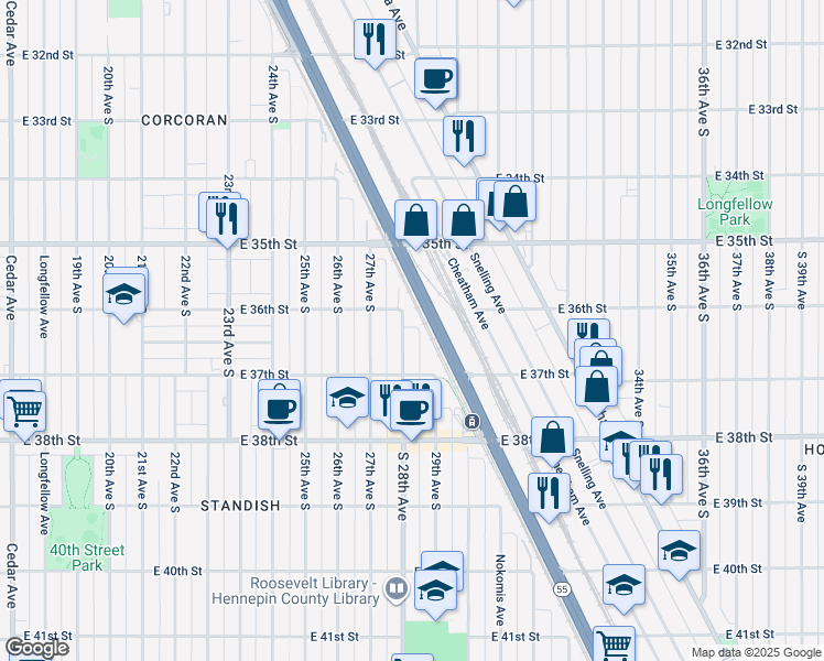 map of restaurants, bars, coffee shops, grocery stores, and more near 3617 South 28th Avenue in Minneapolis