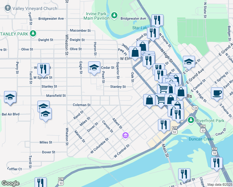 map of restaurants, bars, coffee shops, grocery stores, and more near 702 Superior Street in Chippewa Falls