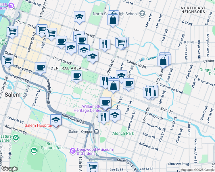 map of restaurants, bars, coffee shops, grocery stores, and more near 1210 State Street in Salem