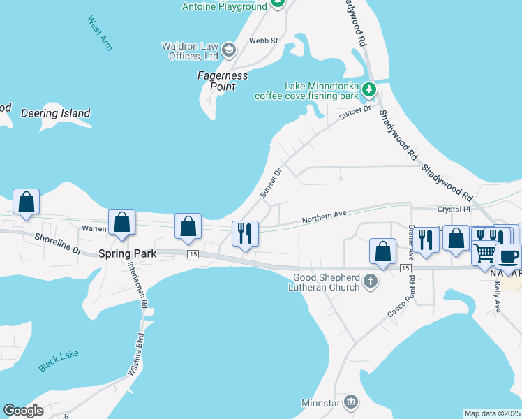 map of restaurants, bars, coffee shops, grocery stores, and more near 2259 Lilac Road in Spring Park