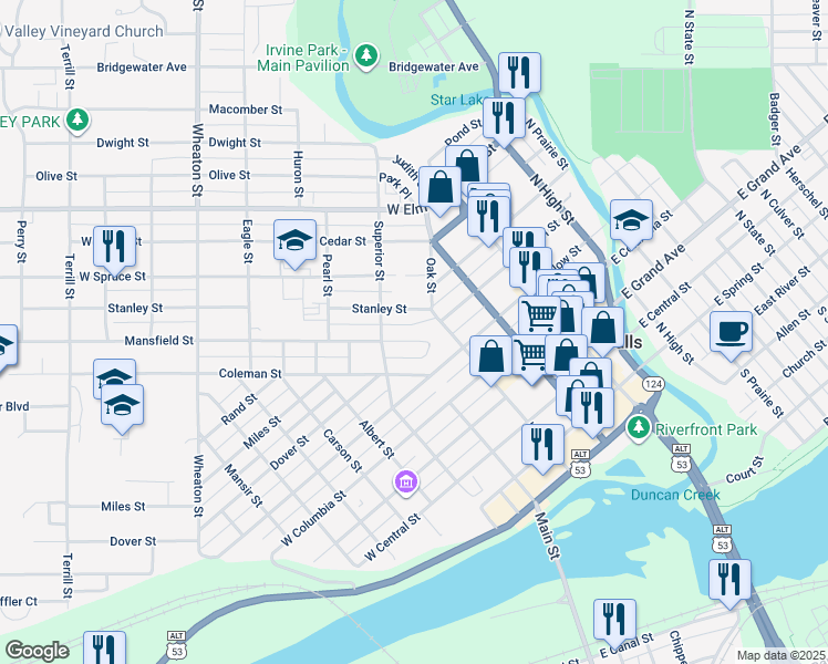 map of restaurants, bars, coffee shops, grocery stores, and more near 218 Mansfield Street in Chippewa Falls
