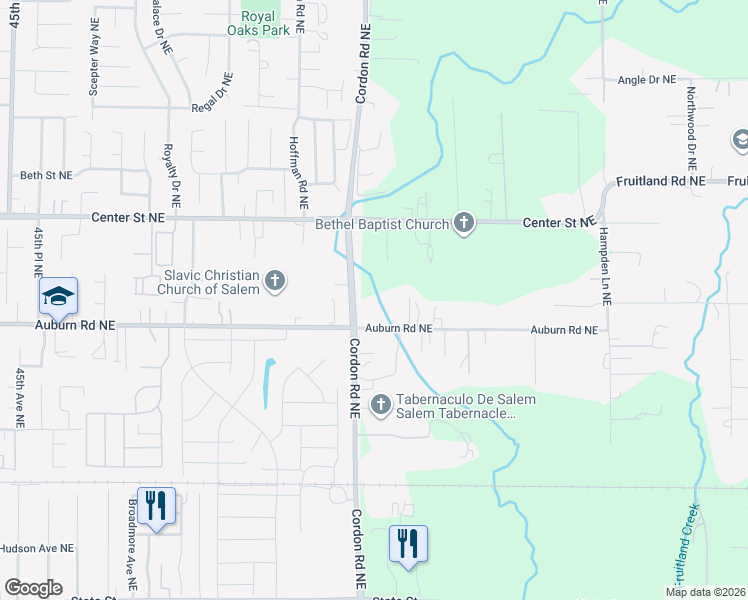 map of restaurants, bars, coffee shops, grocery stores, and more near 5015 Auburn Road Northeast in Salem