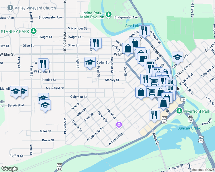 map of restaurants, bars, coffee shops, grocery stores, and more near 702 Superior Street in Chippewa Falls