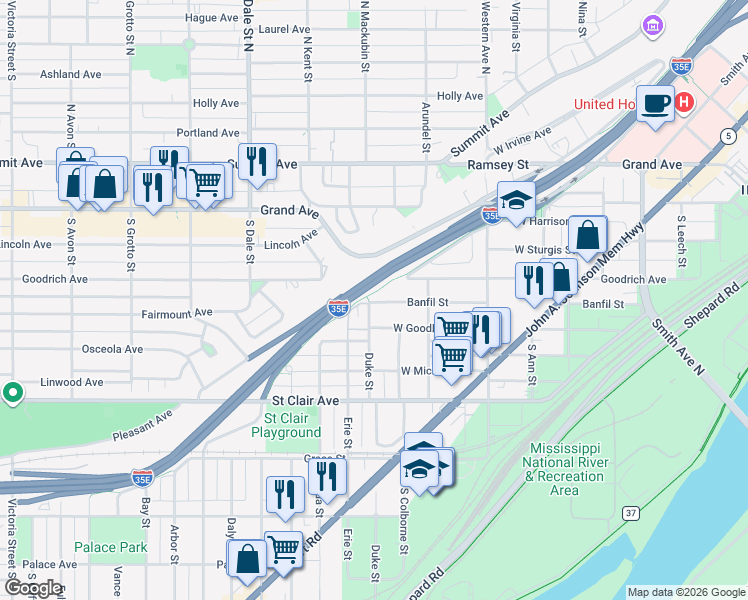 map of restaurants, bars, coffee shops, grocery stores, and more near in Saint Paul