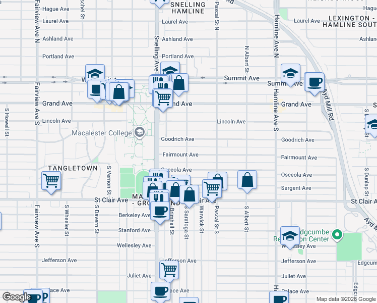 map of restaurants, bars, coffee shops, grocery stores, and more near 1533 Fairmount Avenue in Saint Paul