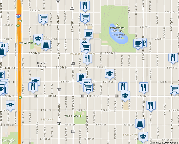 map of restaurants, bars, coffee shops, grocery stores, and more near 3623 Chicago Avenue in Minneapolis