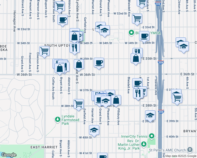 map of restaurants, bars, coffee shops, grocery stores, and more near 3622 Grand Avenue South in Minneapolis