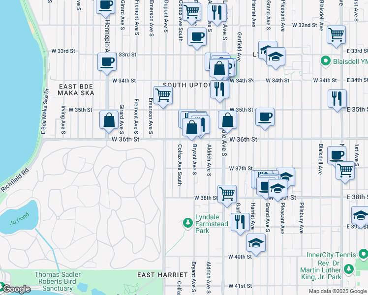map of restaurants, bars, coffee shops, grocery stores, and more near 3620 Bryant Avenue South in Minneapolis