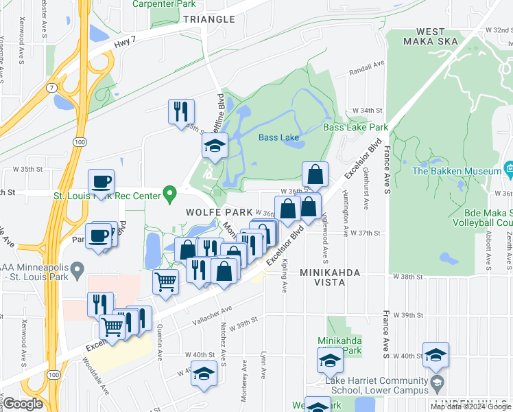 map of restaurants, bars, coffee shops, grocery stores, and more near 3624 Lynn Avenue in Minneapolis