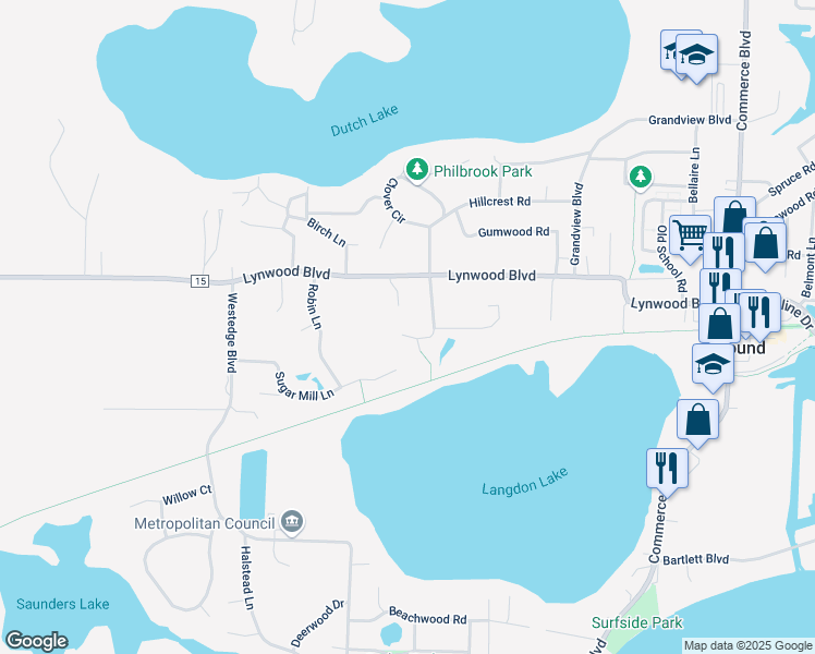 map of restaurants, bars, coffee shops, grocery stores, and more near 6140 Southview Court in Mound