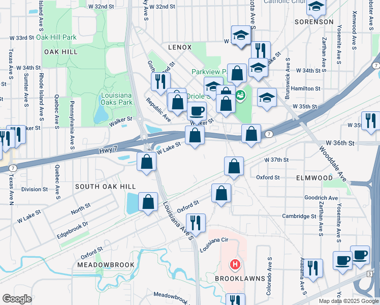 map of restaurants, bars, coffee shops, grocery stores, and more near 3735-3761 Monitor St in St Louis Park