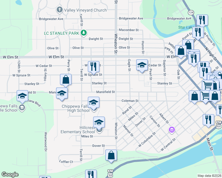map of restaurants, bars, coffee shops, grocery stores, and more near 812 Mansfield Street in Chippewa Falls